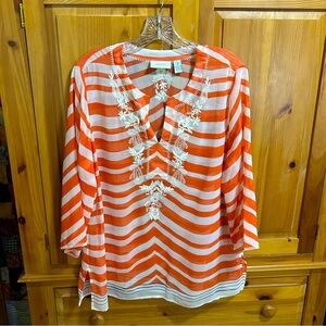 Chico’s large (2), orange/peachy, white embroidery, and black stripes at edge
